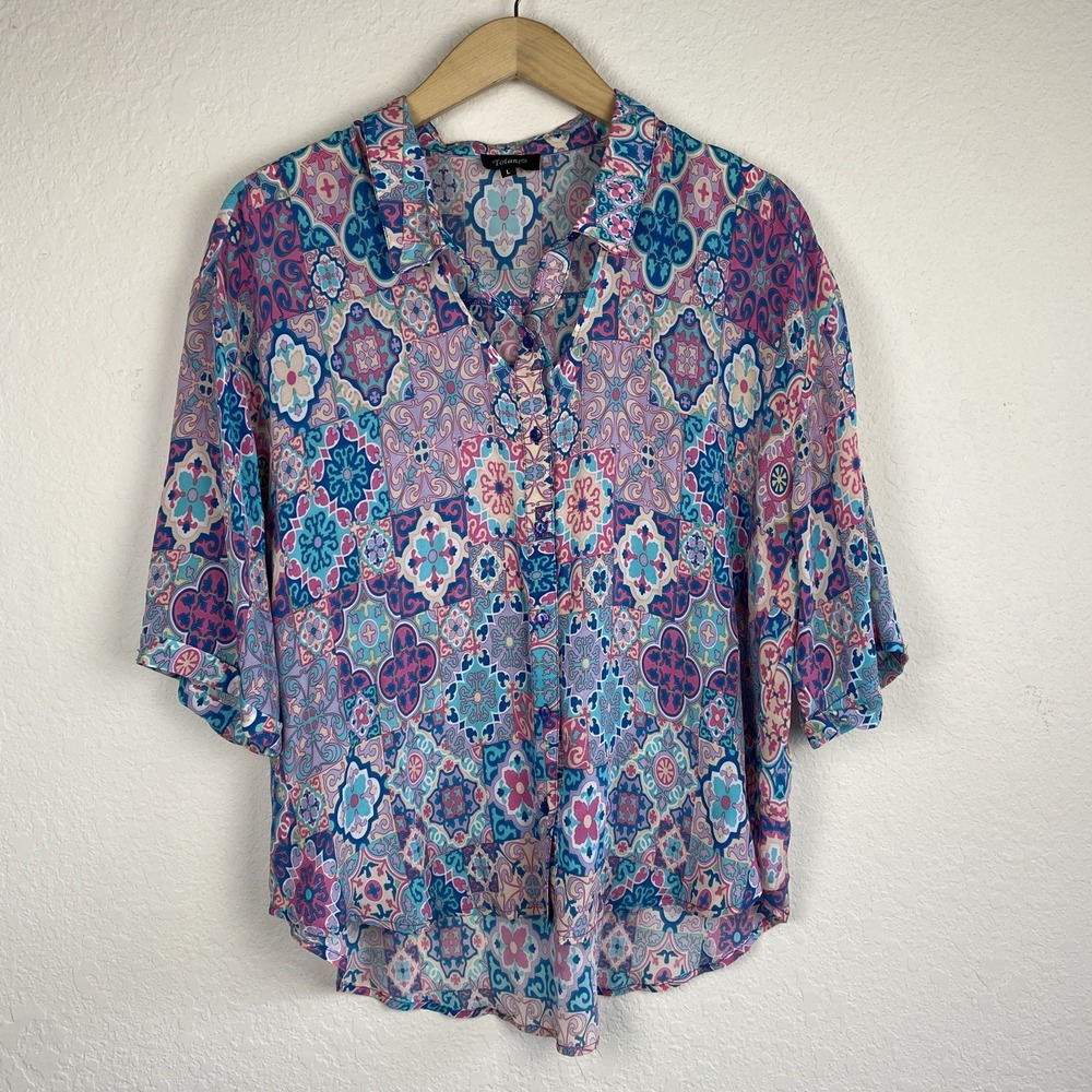 Tolani L 100% Silk Shirt Geometric Multicolor Print Patchwork Artsy Button Up